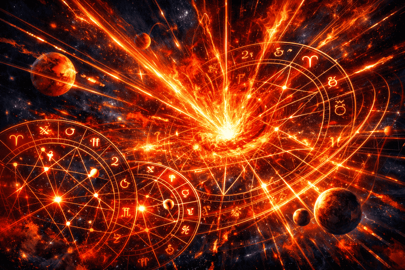 Explosive astrological visualization depicting April 2026's intense Aries energy. Dynamic celestial landscape with