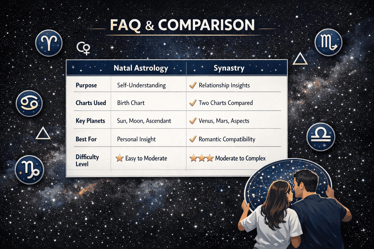 () FAQ and comparison table visual: a clean, Charts Used, Key Planets, Best For, and Difficulty Level. Gold checkmarks and