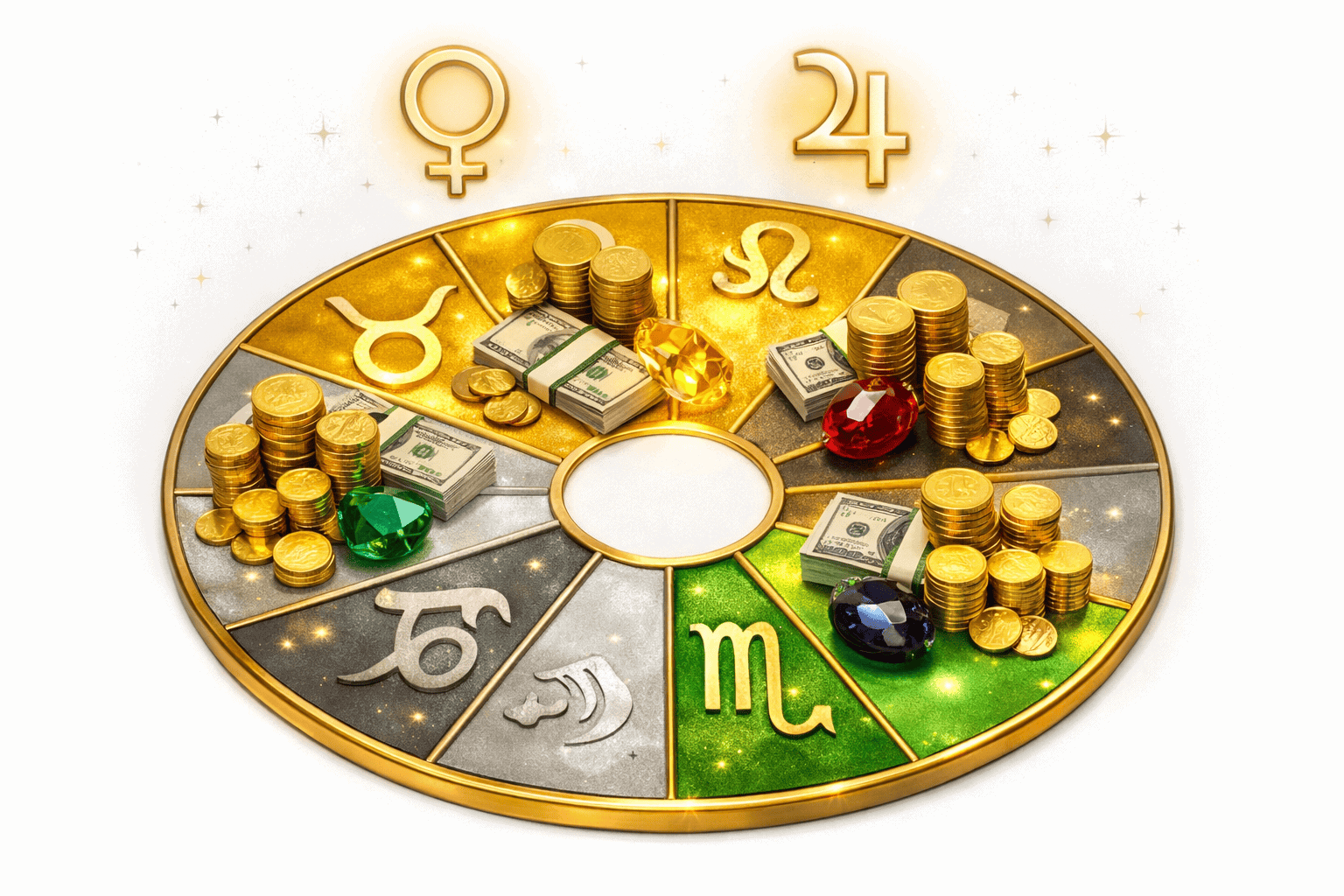Flat lay editorial illustration showing a golden astrological wheel divided into 12 zodiac segments, with Taurus, Leo,