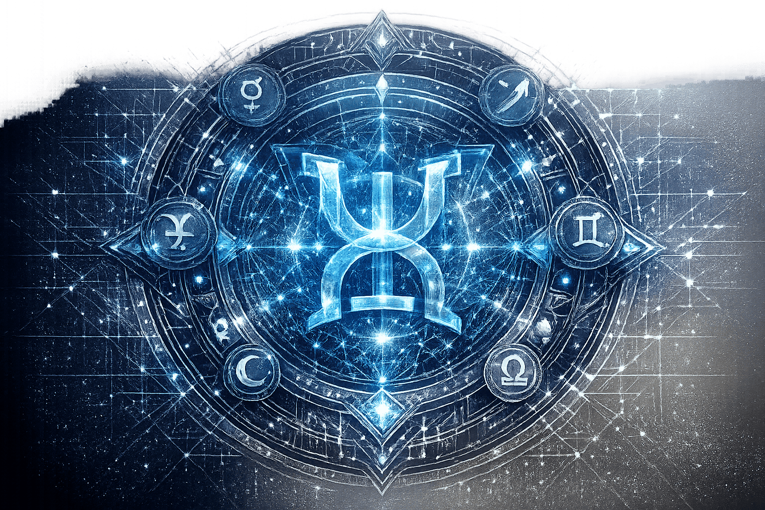 Futuristic digital mandala featuring astrological symbols representing communication and personal growth, with transparent