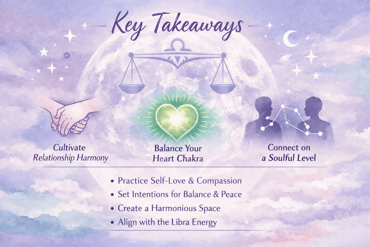 Infographic for 'Key Takeaways' section featuring a luminous full moon in soft lavender and pale blue tones, overlaid with