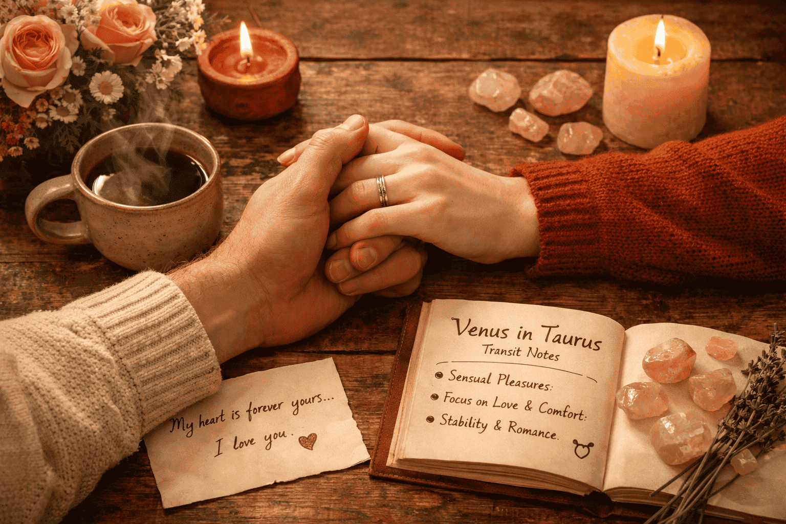 Intimate close-up landscape () of a couple's hands intertwined on a rustic wooden table set with fresh flowers, a steaming