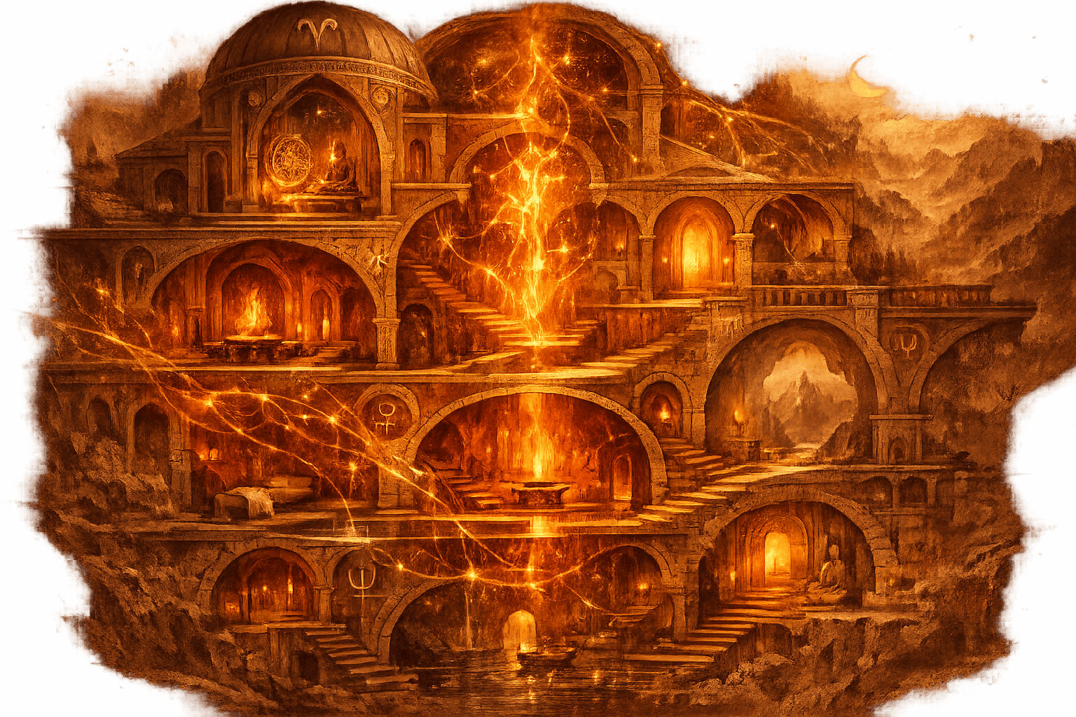 Intricate architectural cross-section revealing the metaphysical landscape of the Natal Twelfth House. Surreal illustration