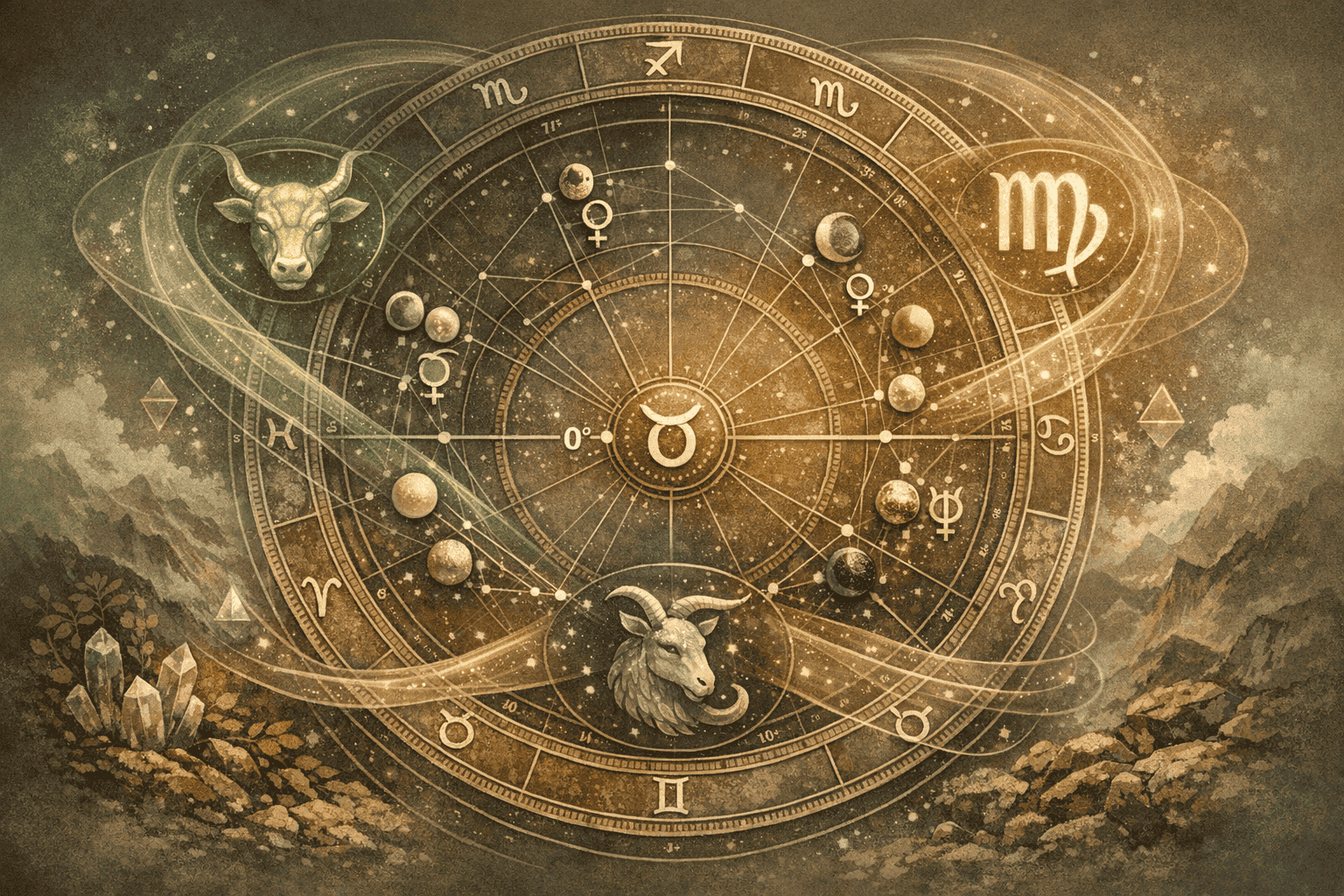 Intricate natal chart visualization specifically highlighting Earth sign transformations during Sun's Taurus entry. Central