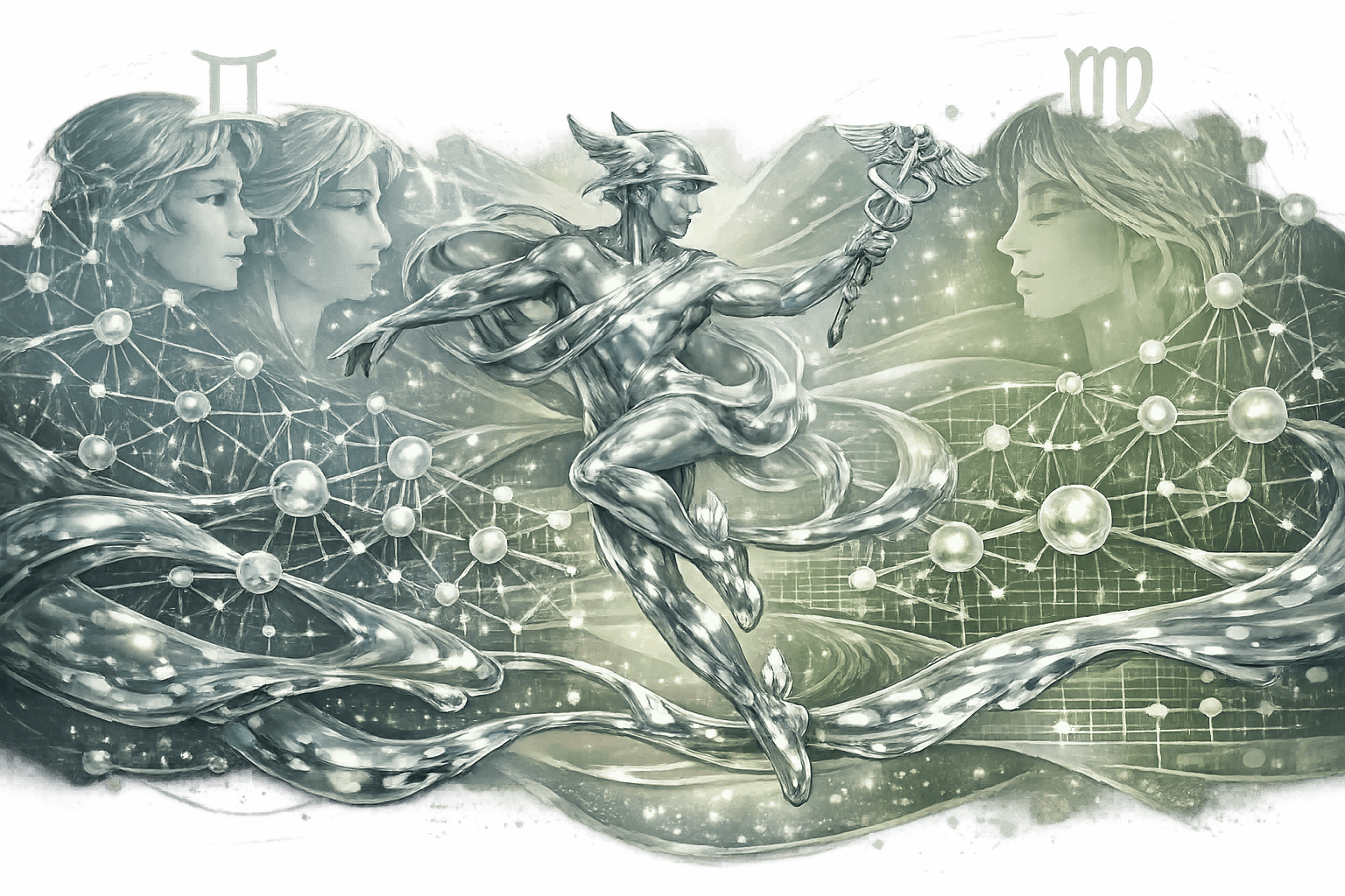 Mercury's Planetary Influence section: Dynamic illustration depicting Mercury as a fluid, quicksilver messenger dancing