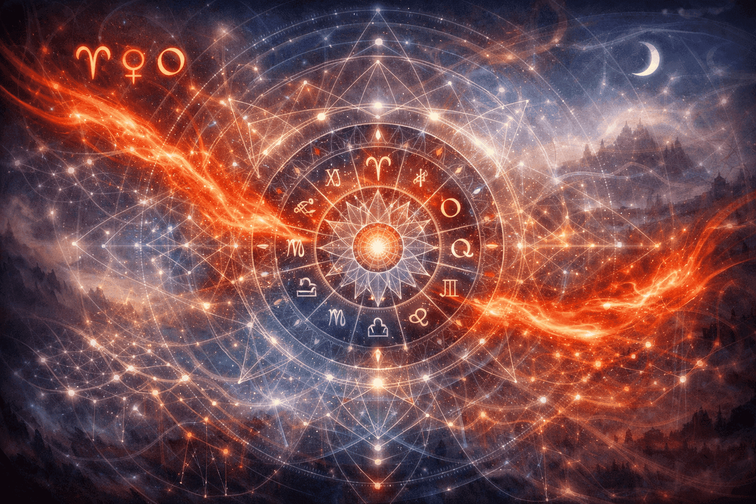 Metaphysical diagram illustrating Aries Stellium's activation of Natal Twelfth House secrets. Complex interconnected network