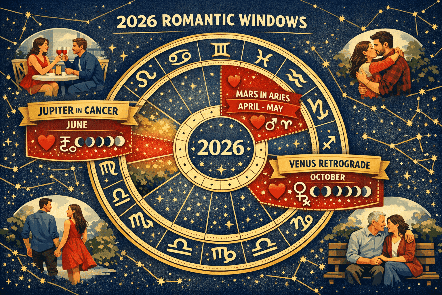 Overhead bird's-eye view illustration of a circular astrological calendar wheel for 2026 with highlighted romantic windows