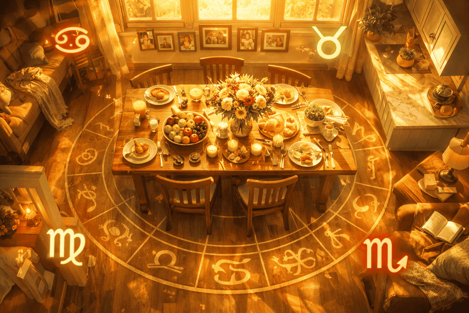 Overhead bird's-eye view () of a warm family home interior bathed in golden Jupiter light streaming through large windows. A