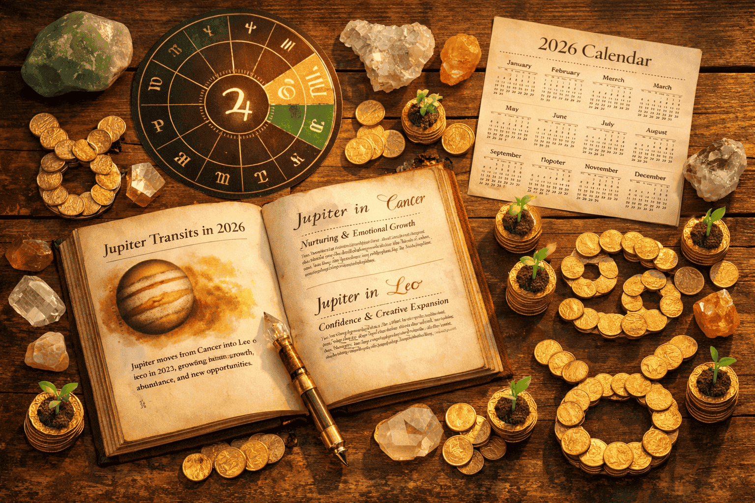 Overhead bird's-eye view of an open astrology book with a 2026 calendar beside it, surrounded by crystals, a Jupiter transit