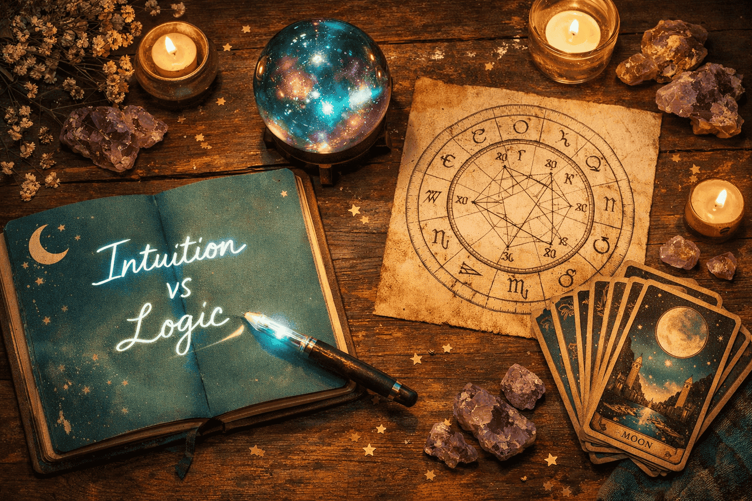 Overhead flat-lay style landscape () showing a wooden desk with an open astrology journal, a natal birth chart wheel printed