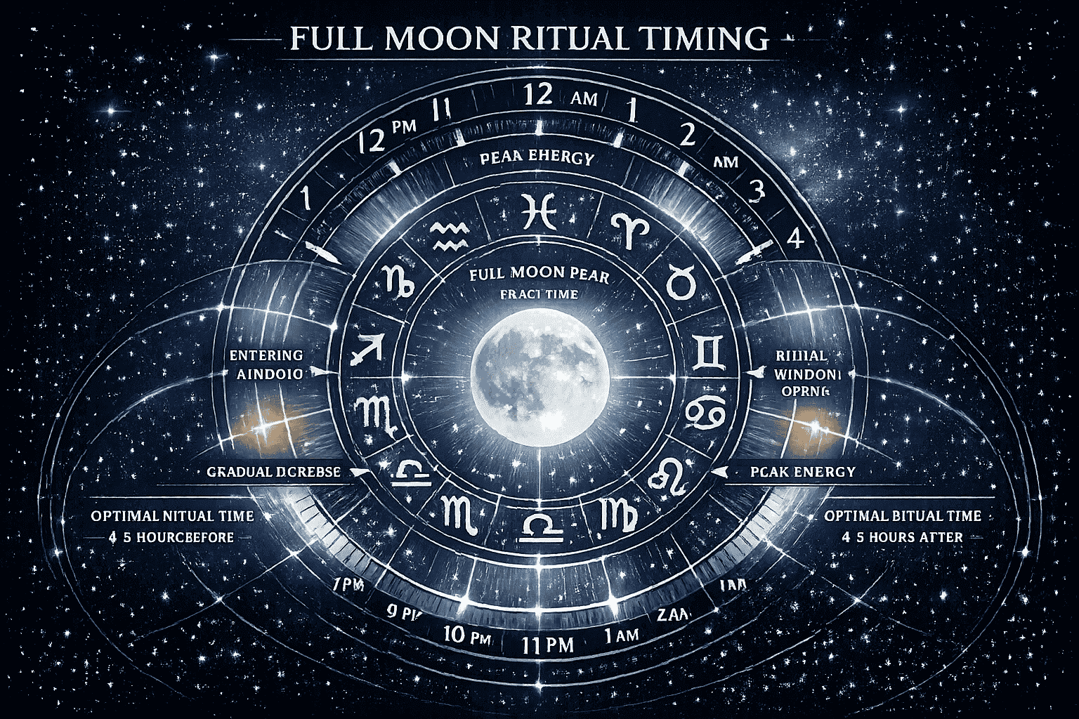Precise astrological timing visualization for Full Moon ritual windows, featuring a circular celestial clock design.