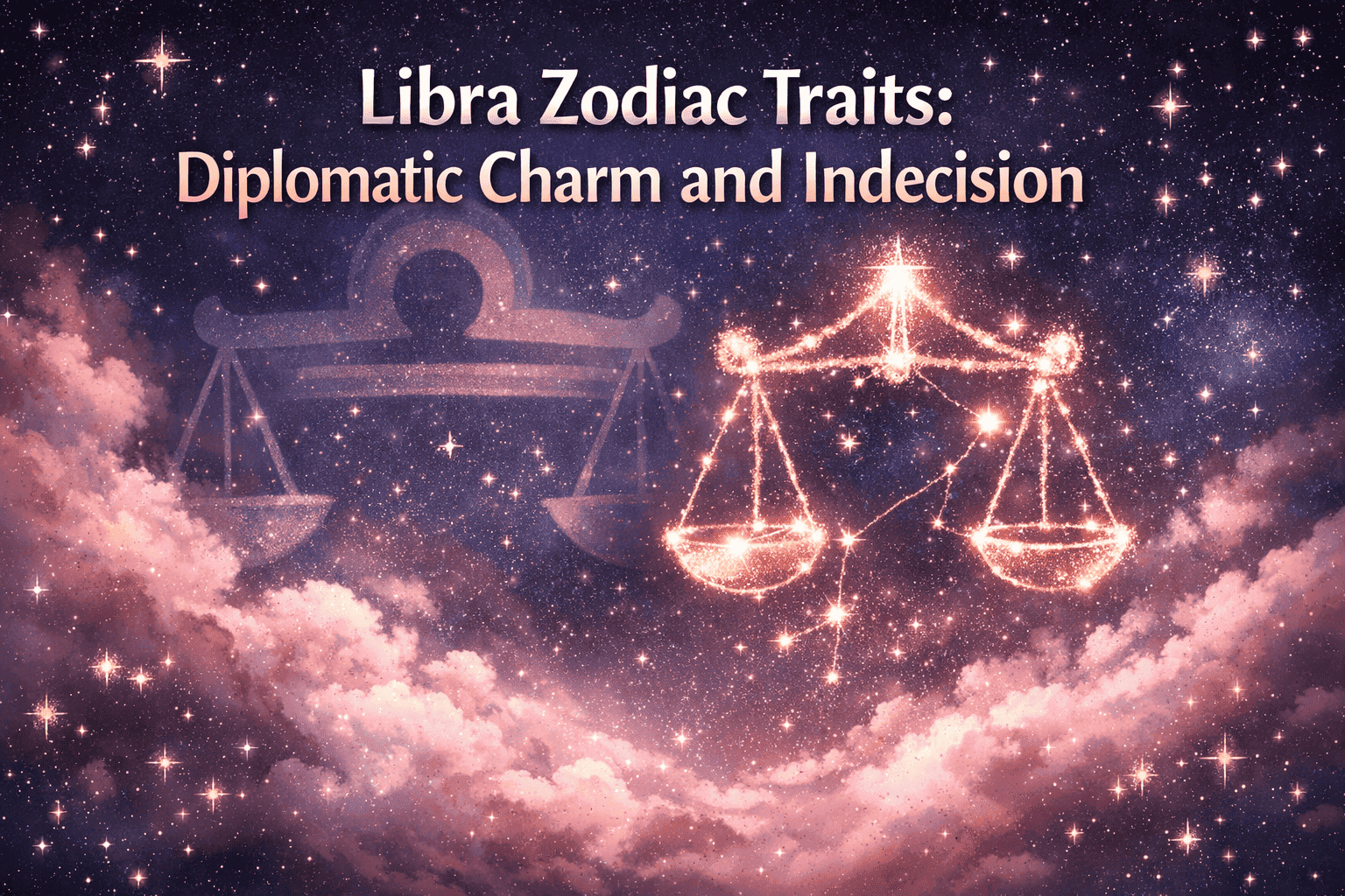 Professional () hero image with : 'Libra Zodiac Traits: Diplomatic Charm and Indecision' in extra large white with soft gold