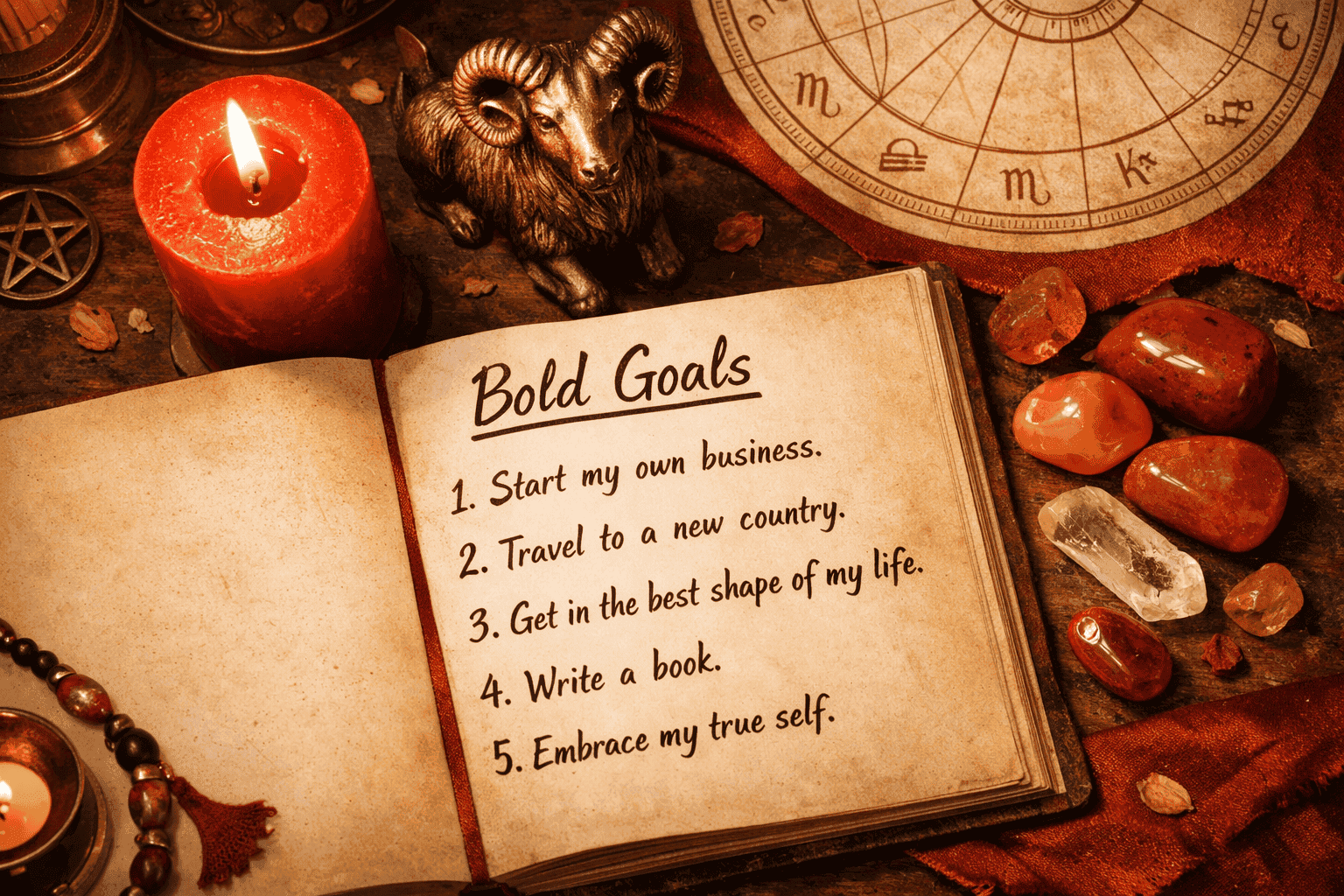 Ritual and action-planning scene showing a journal open to a handwritten list of goals, a red candle burning beside an Aries