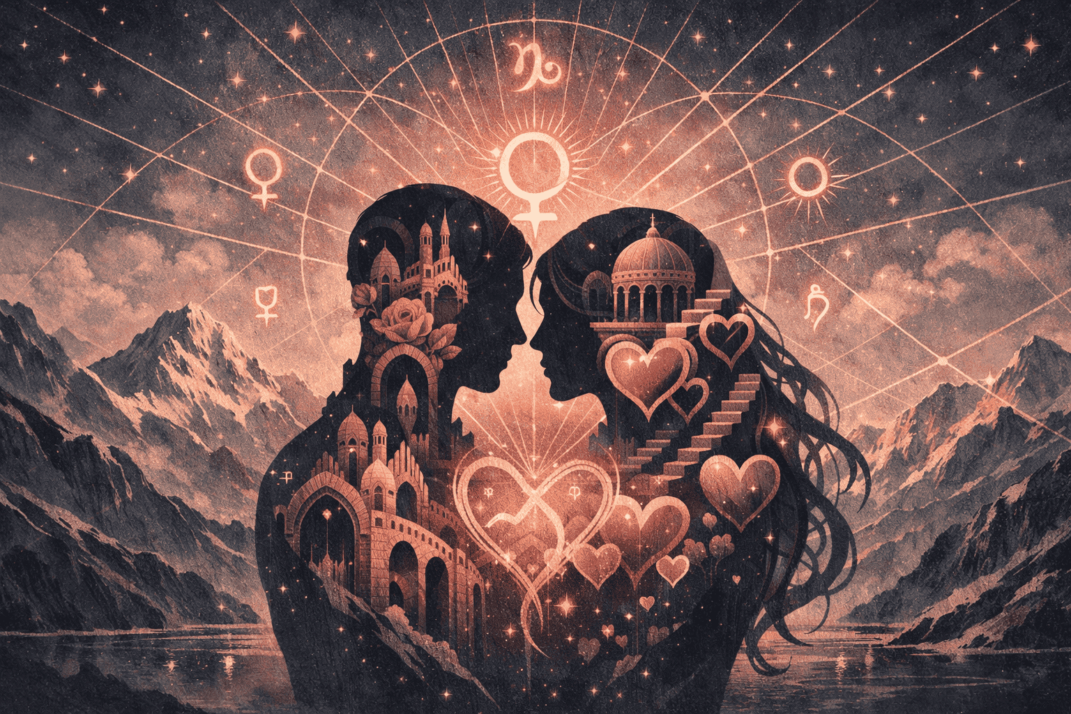 Romantic conceptual artwork exploring Venus Cazimi's impact on relationships. Central image of two intertwined silhouettes
