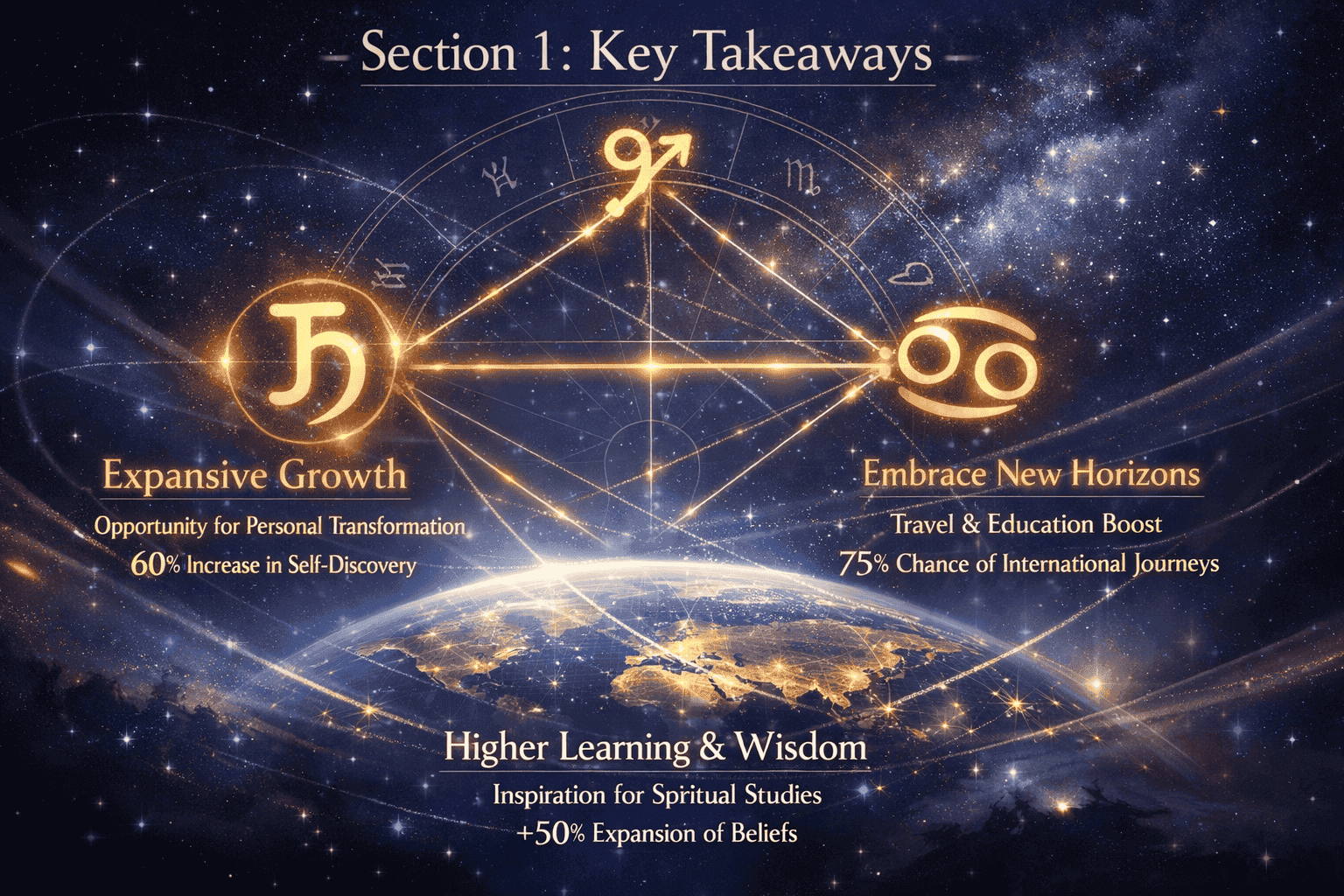 Section 1: Key Takeaways - A dynamic editorial-style infographic featuring an abstract celestial map with interconnected