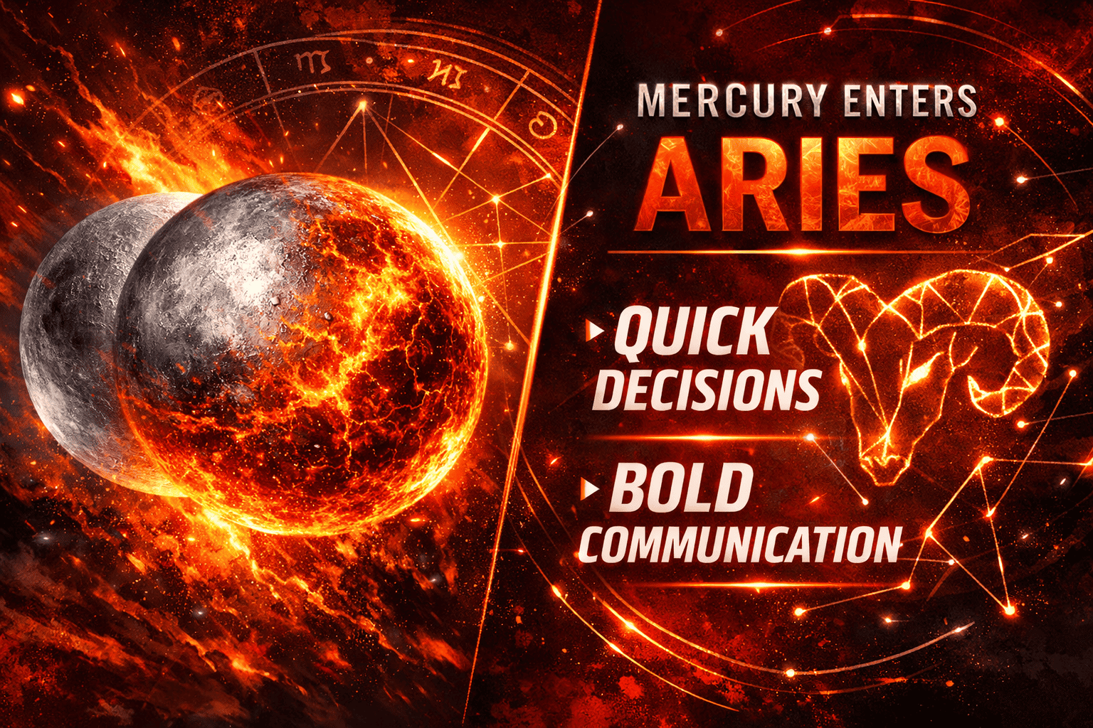 Section 1: Key Takeaways 🔥 - Dramatic editorial-style infographic depicting Mercury's symbolic journey into Aries,