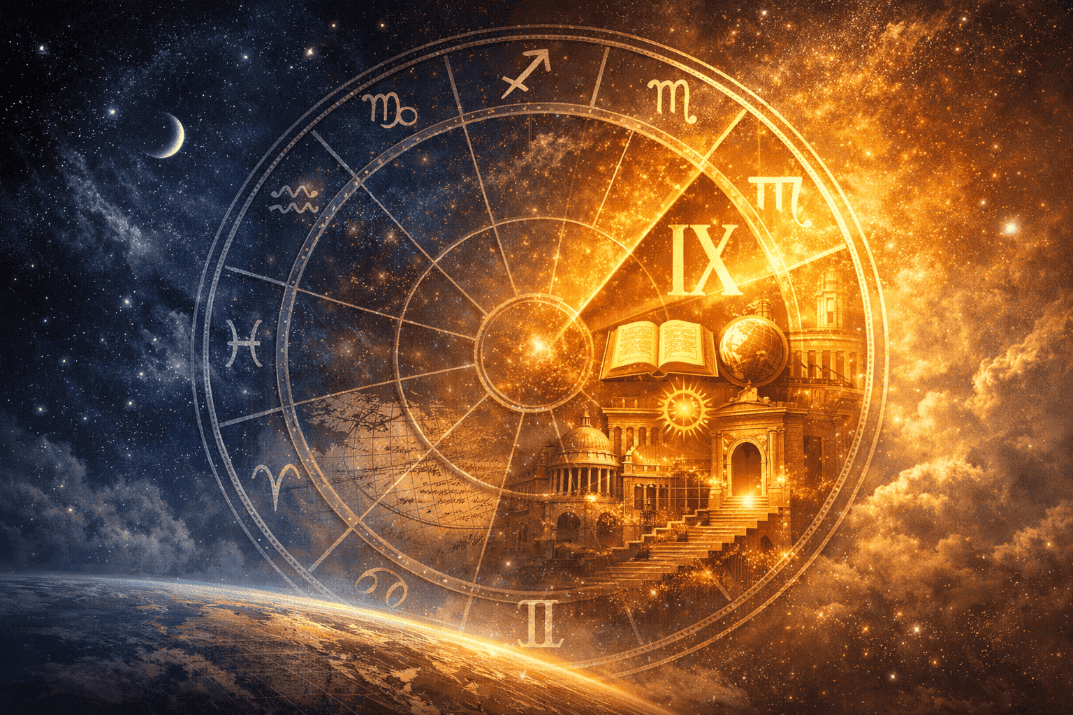 Section 2: Ninth House Natal Chart Concept - Immersive astronomical illustration depicting a gigantic transparent natal