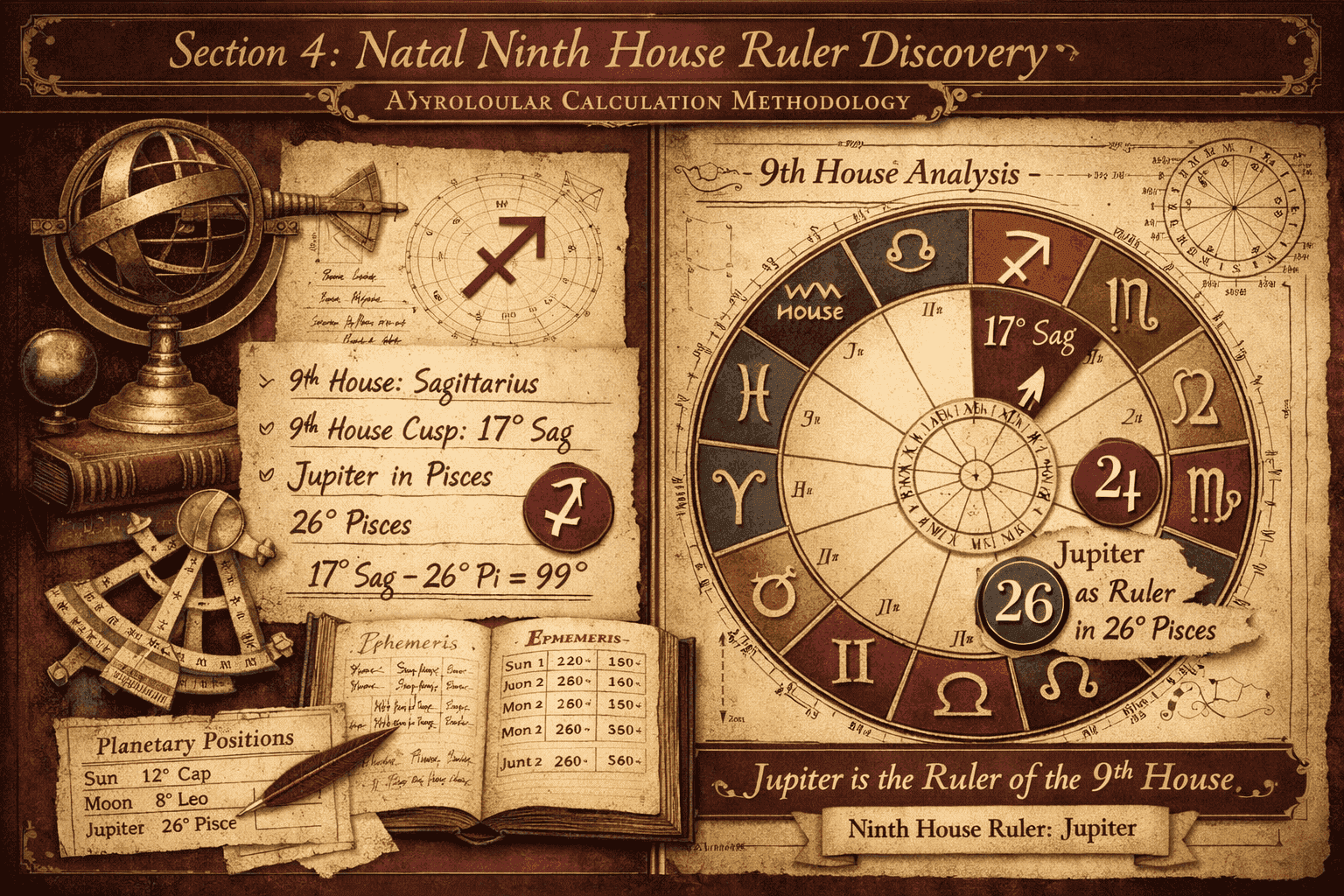 Section 4: Natal Ninth House Ruler Discovery - Intricate infographic demonstrating natal chart calculation methodology.