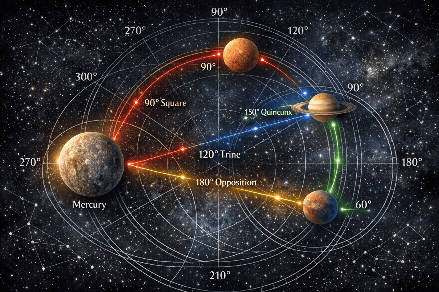 Section 4: What Are the Key Mercury Aspects During This Transit? - Sophisticated astronomical visualization showing multiple