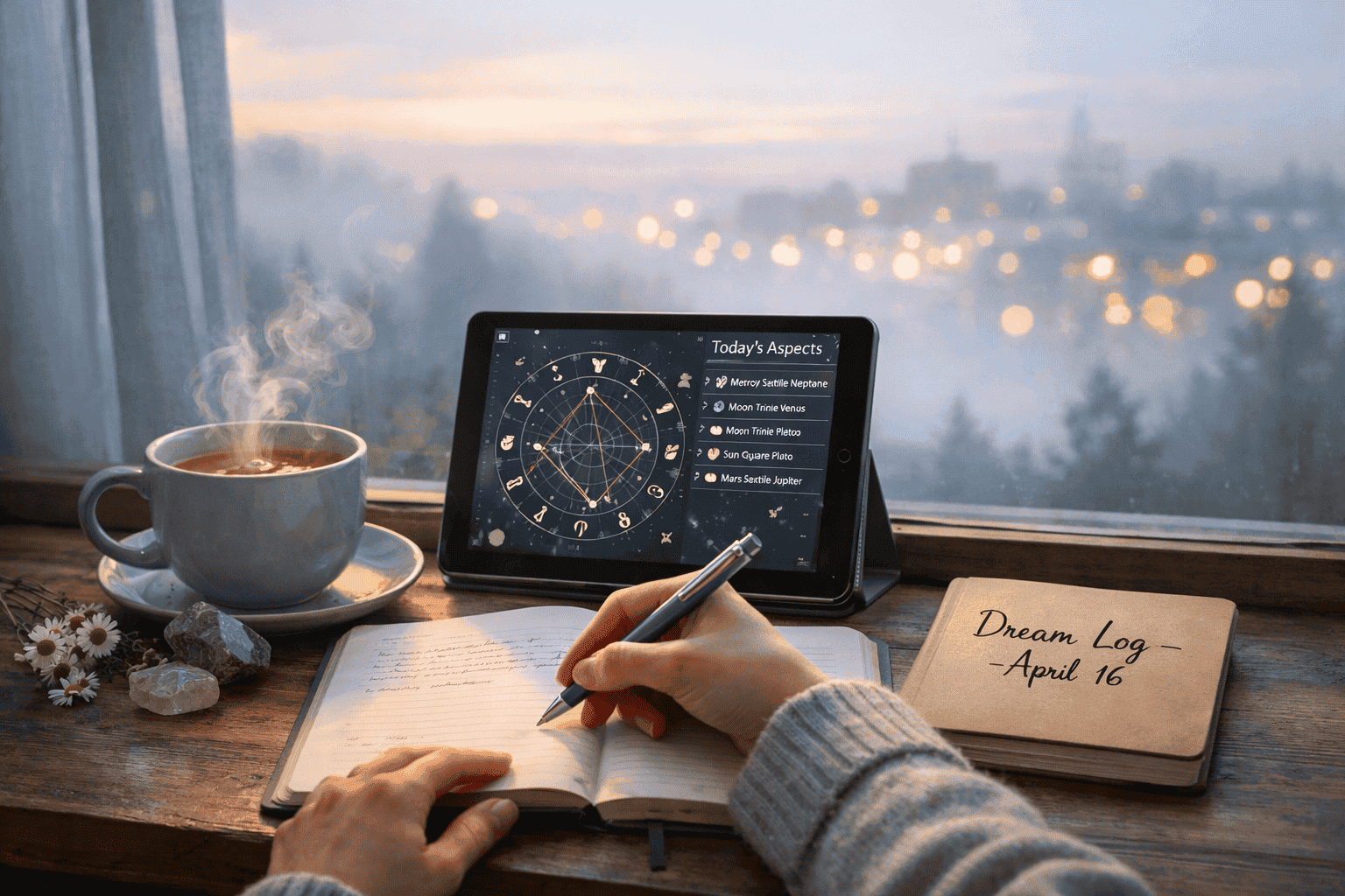 Serene landscape () showing a calm morning ritual scene: a person journaling at a window with misty dawn light, a cup of