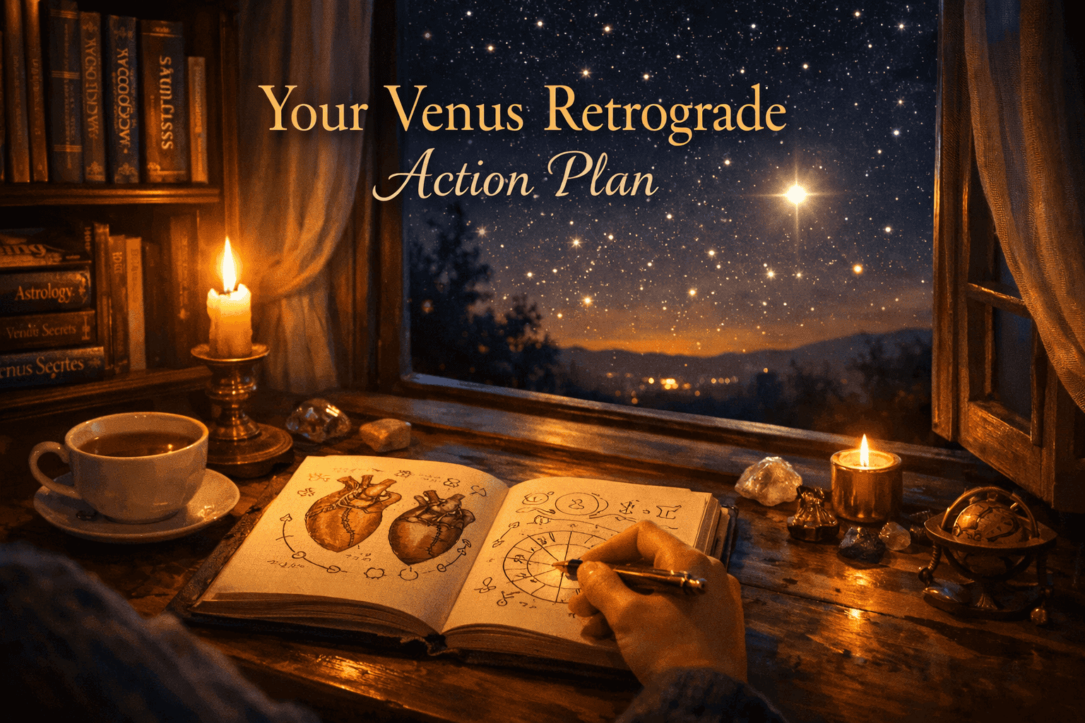 Serene landscape () showing a person journaling at a candlelit desk near an open window overlooking a starry night sky with