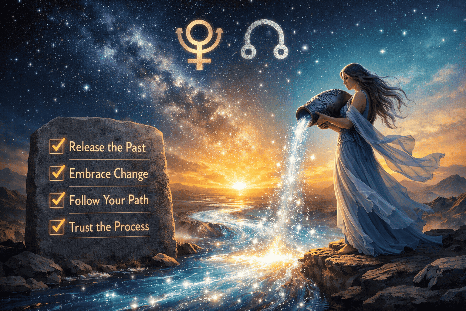 Serene yet powerful landscape () showing an Aquarius water-bearer figure standing at the edge of a cosmic horizon, pouring