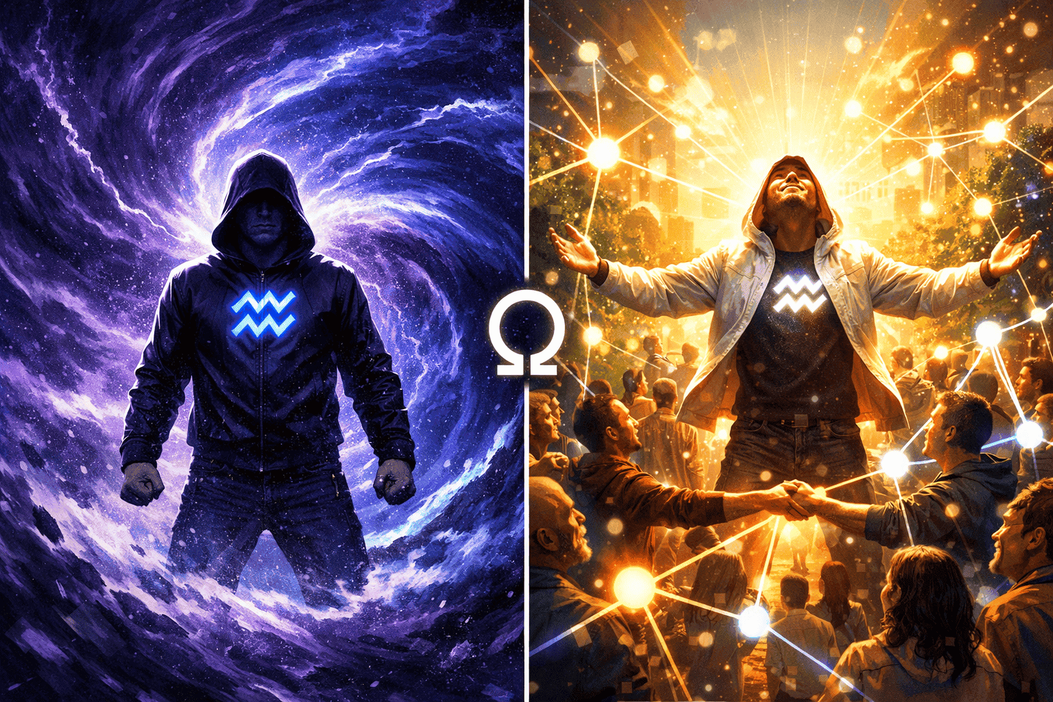 Split-composition landscape () showing two contrasting scenes side by side: left panel depicts a fixed sign person (Aquarius