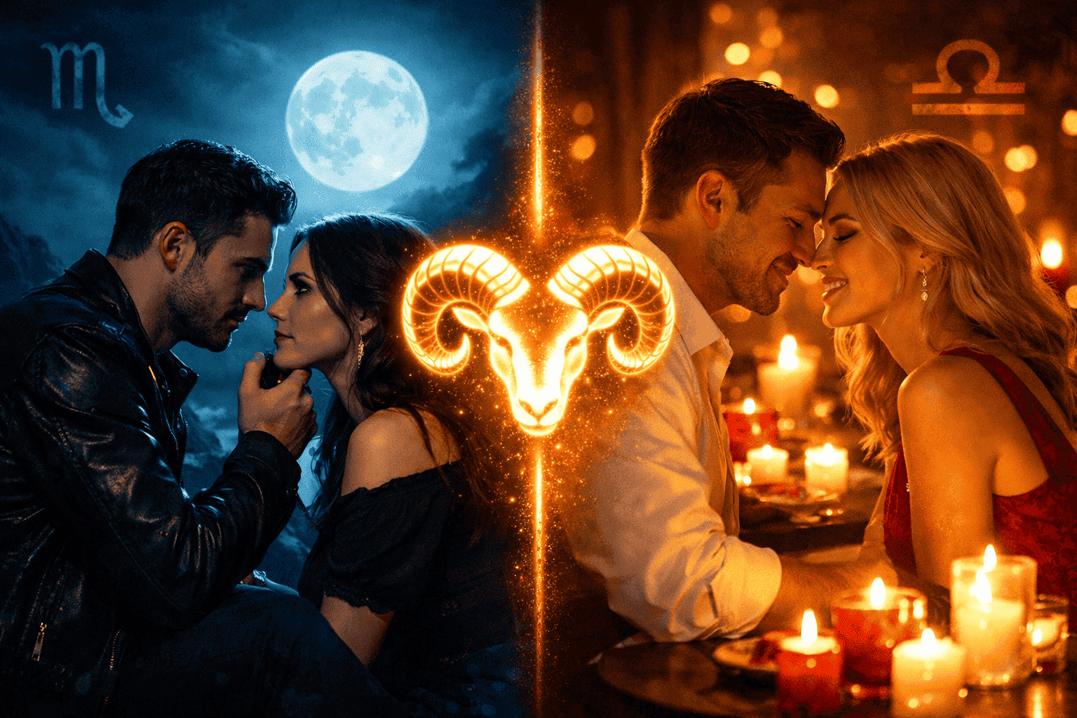 Split-panel landscape image () showing two contrasting scenes: left side features a Scorpio couple in an intense, meaningful