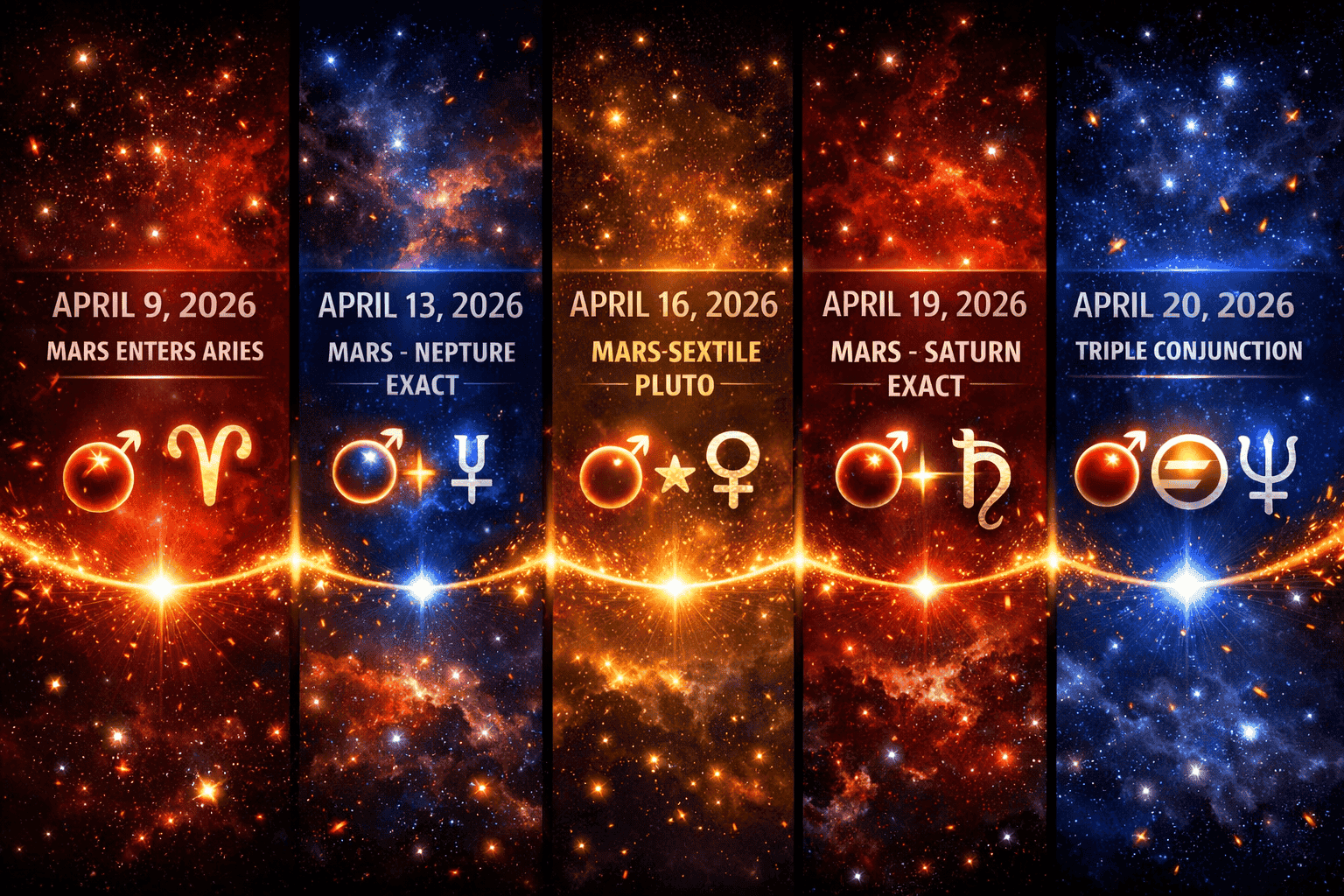 Split-panel timeline graphic showing key April 2026 dates: April 9 Mars enters Aries, April 13 Mars-Neptune exact, April 16