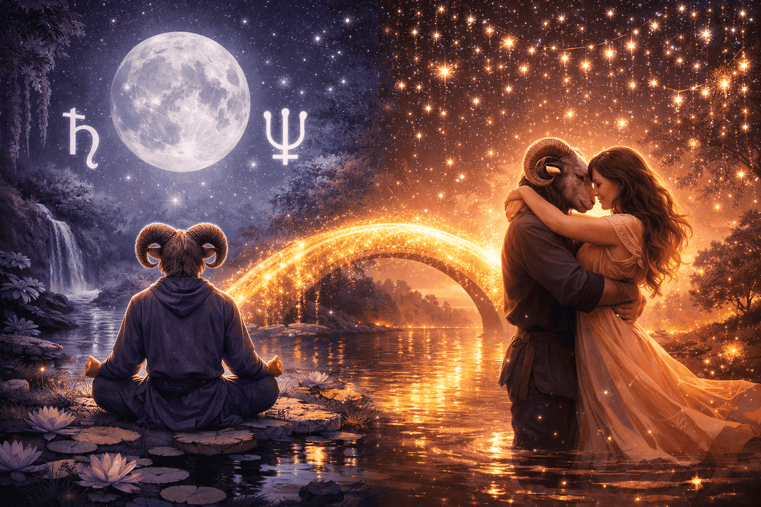 Split-scene landscape () showing two contrasting moments: left side depicts a single Aries figure meditating in a moonlit