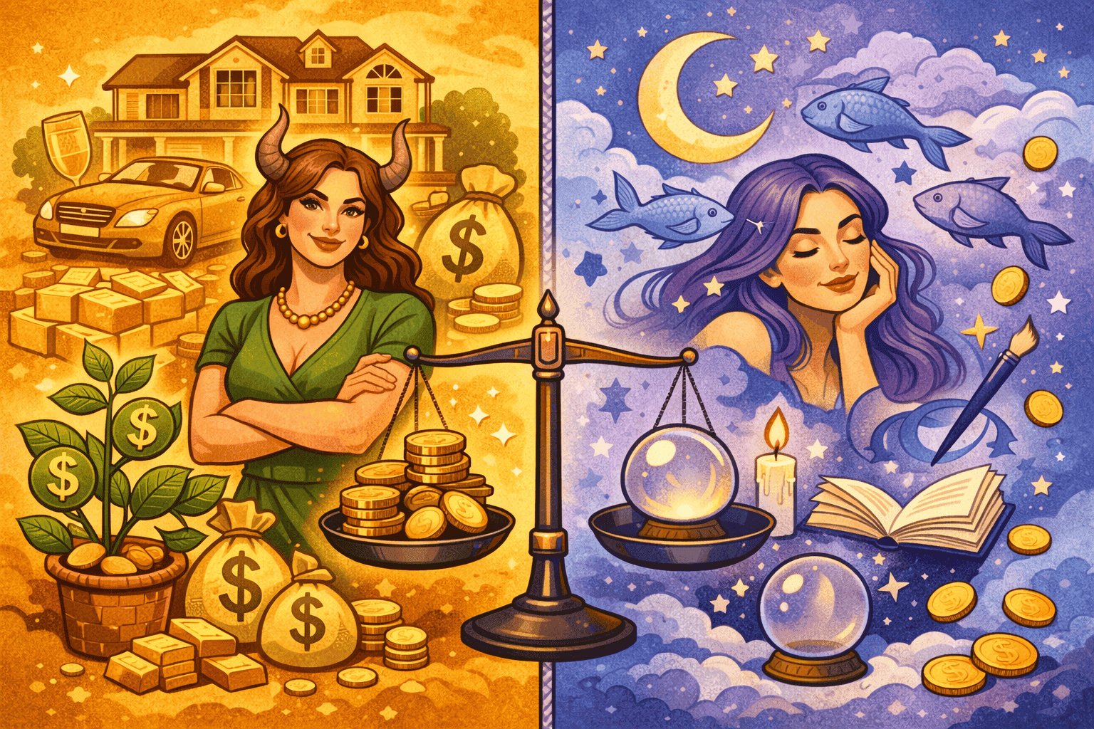 Split-screen editorial infographic showing two contrasting zodiac personality types: left side shows a confident Taurus