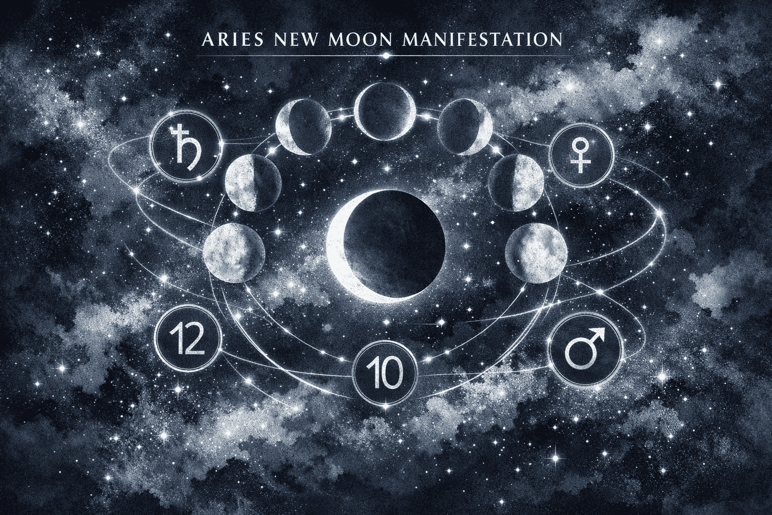 Symbolic lunar cycle illustration representing key takeaways of Aries New Moon manifestation, featuring a stylized moon