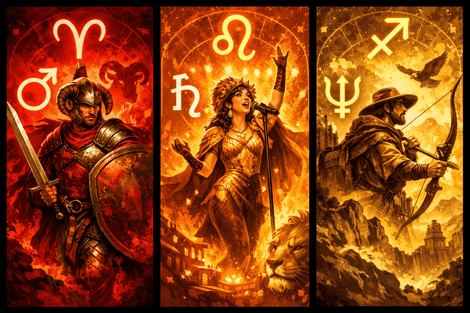 Three illustrated natal chart fire house panels side by side—House 1 (Aries), House 5 (Leo), House 9 (Sagittarius)—each