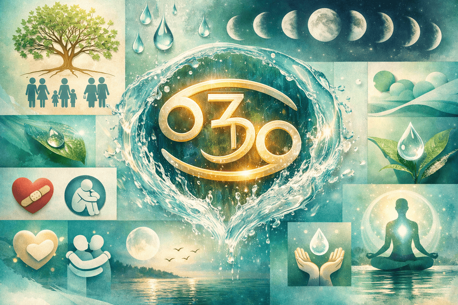 Vibrant emotional abundance visualization featuring a radiant Jupiter symbol nested within a Cancer zodiac glyph, surrounded