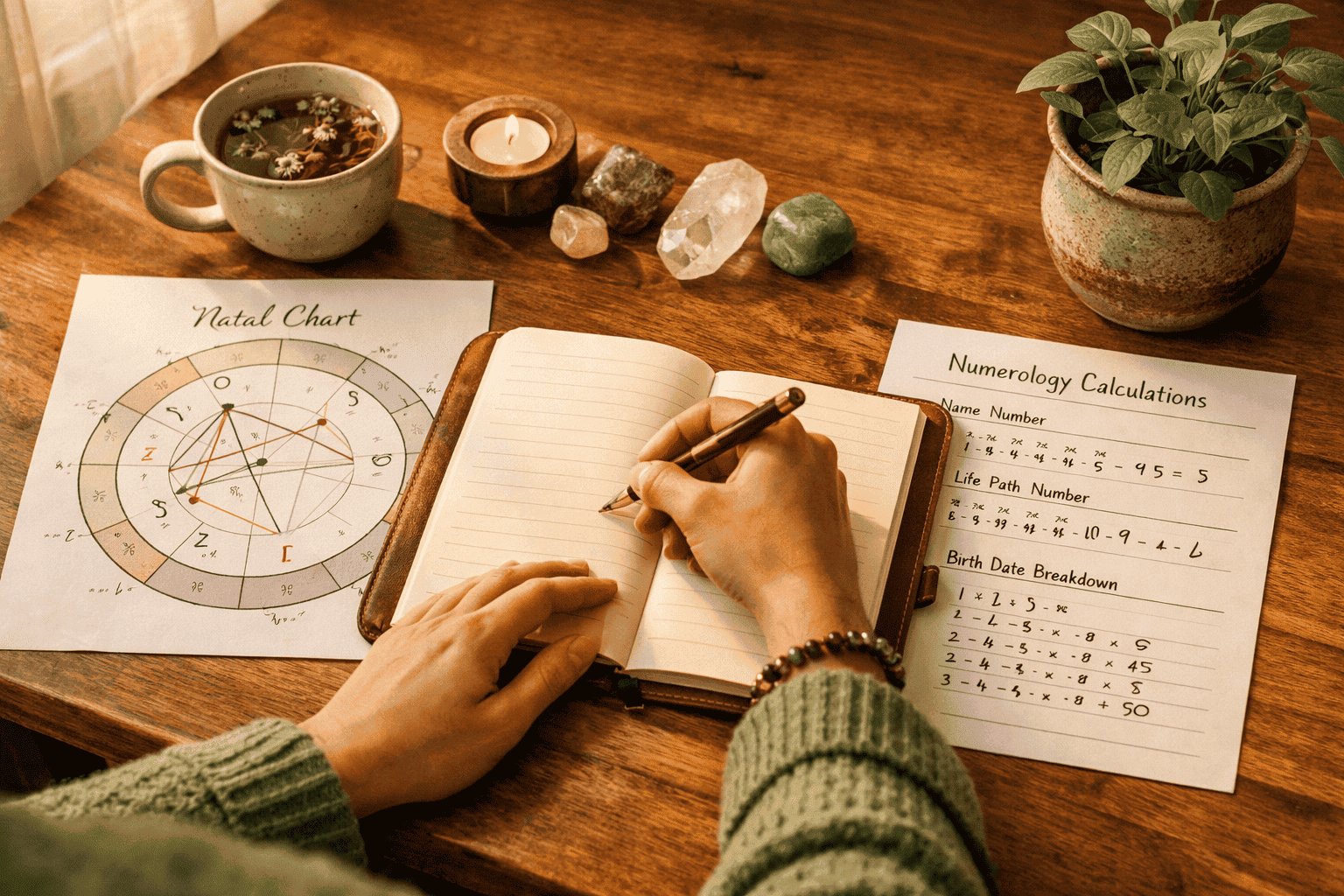 Warm lifestyle photograph of a person sitting at a wooden table journaling, with a printed astrology natal chart on one side