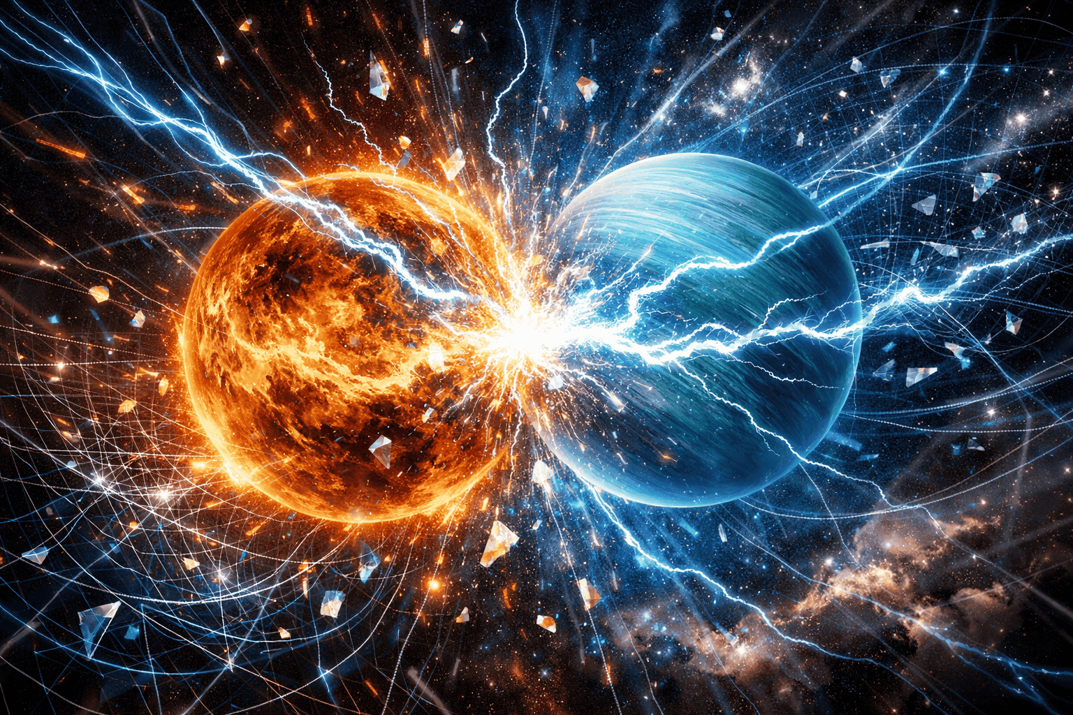 What Happens When Venus Meets Uranus in Gemini on April 25 section: Dramatic cosmic collision visualization showing Venus