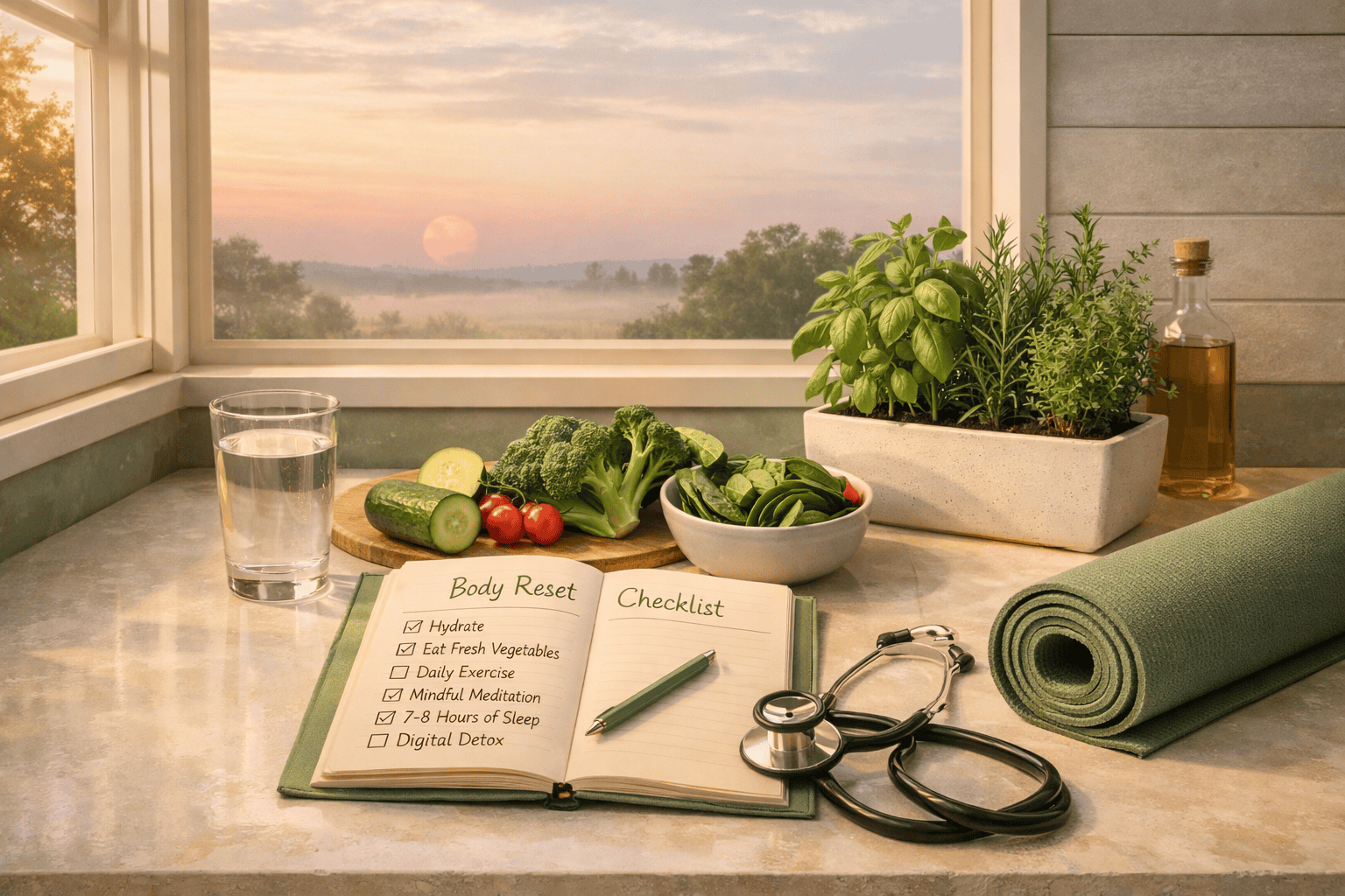 Wide-angle () depicting a serene morning wellness scene: a minimalist kitchen counter with fresh vegetables, a glass of