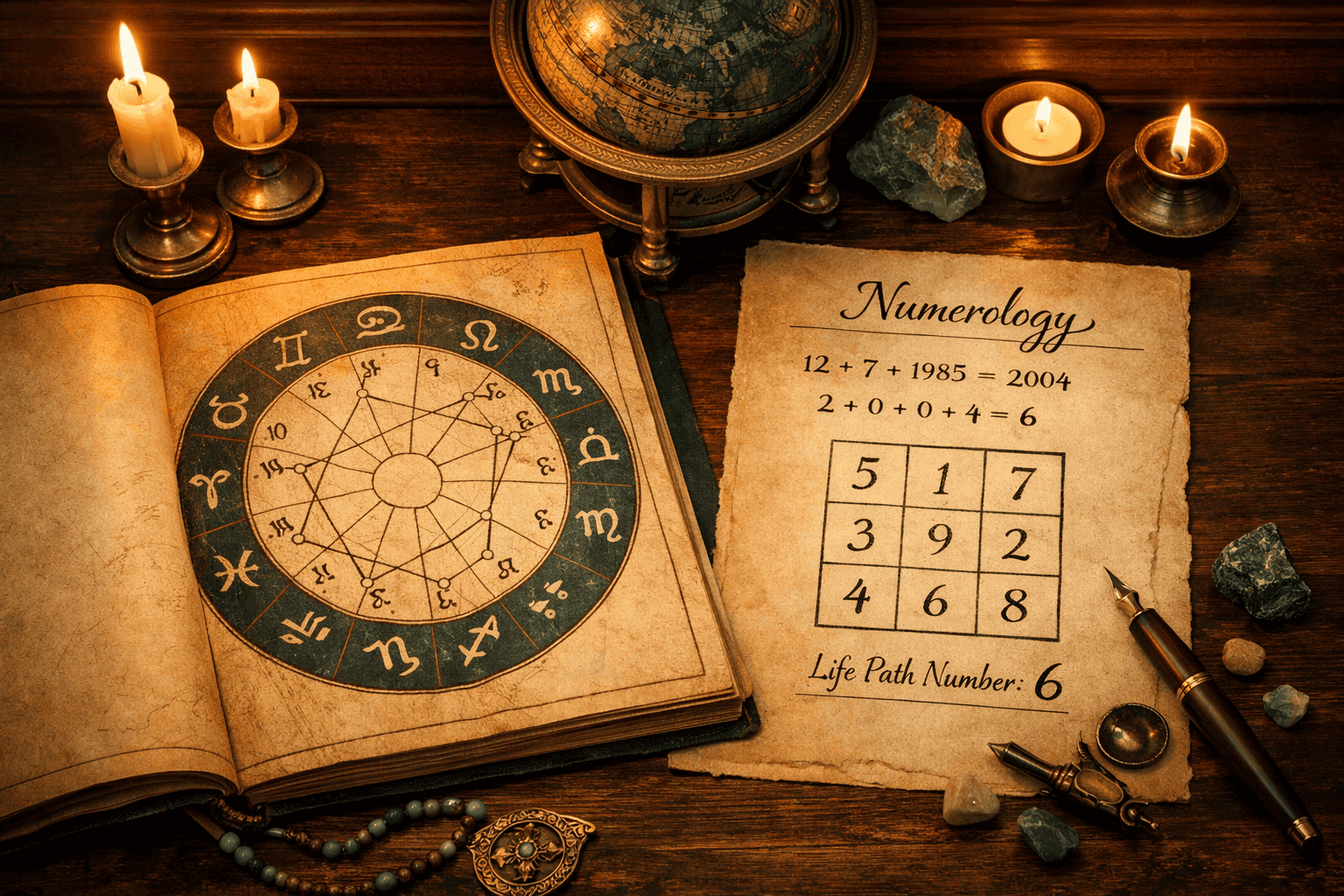 Wide-angle flat-lay editorial photograph showing an open astrology birth chart wheel on aged parchment paper alongside a