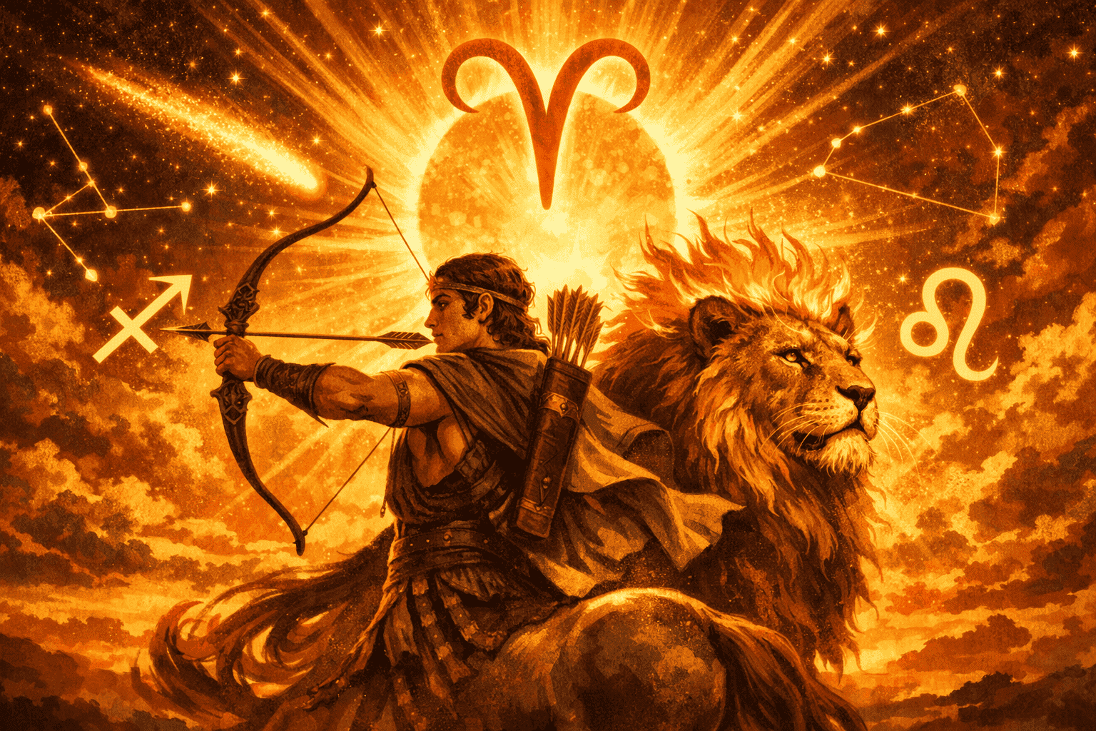 Wide editorial illustration () depicting a Sagittarius archer figure and a Leo lion figure standing back-to-back under a