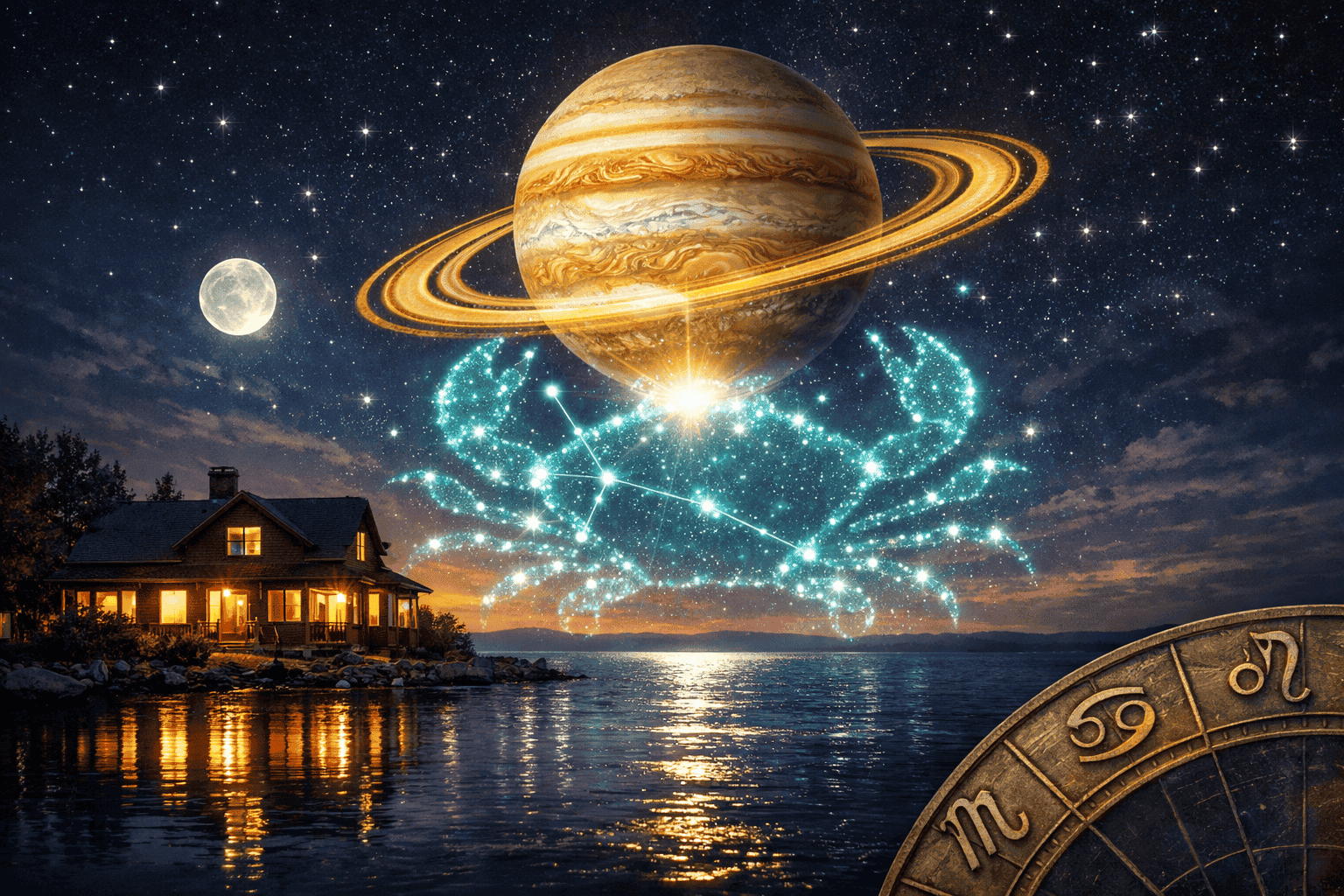 Wide () editorial illustration showing Jupiter as a massive golden-ringed planet descending into a glowing Cancer crab