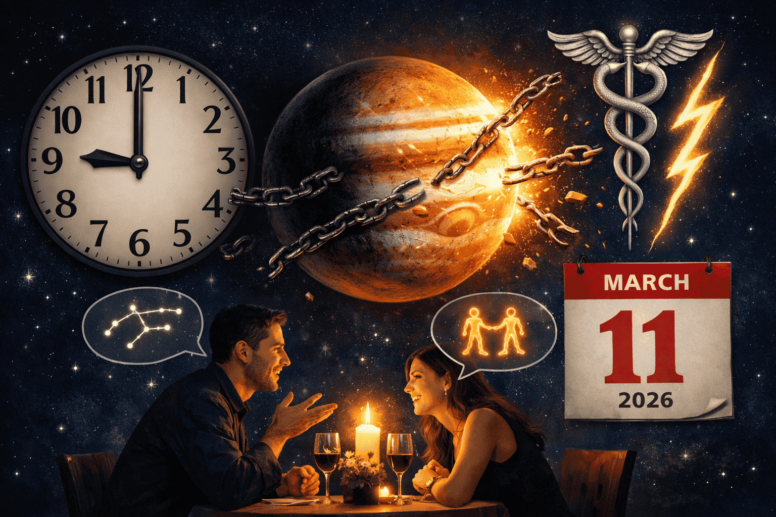 Wide () editorial illustration showing Jupiter's direct station on March 11 2026 depicted as a glowing amber planet breaking