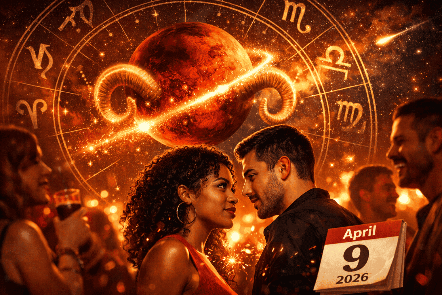 Wide () editorial illustration showing Mars entering the Aries zodiac constellation on April 9 2026, depicted as a blazing