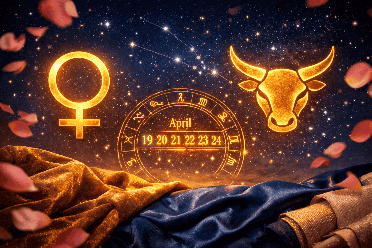 Wide editorial landscape () showing Venus glyph and Taurus bull symbol side by side in luminous gold against a deep twilight
