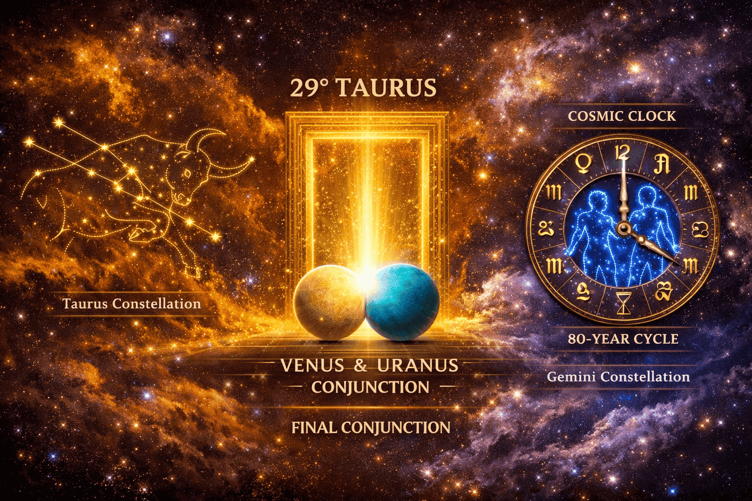 Wide () illustration of the anaretic 29th degree of Taurus depicted as a glowing golden doorway in space, with Venus and