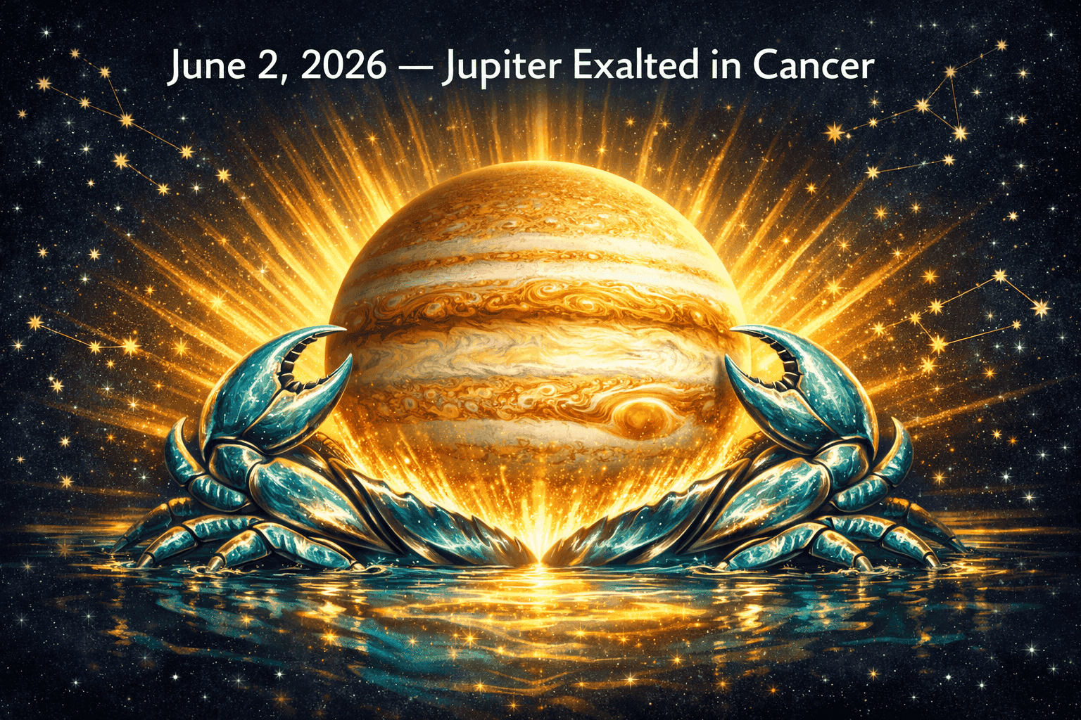 Wide () illustration showing Jupiter as a massive glowing amber-gold planet descending into a shimmering Cancer water sign