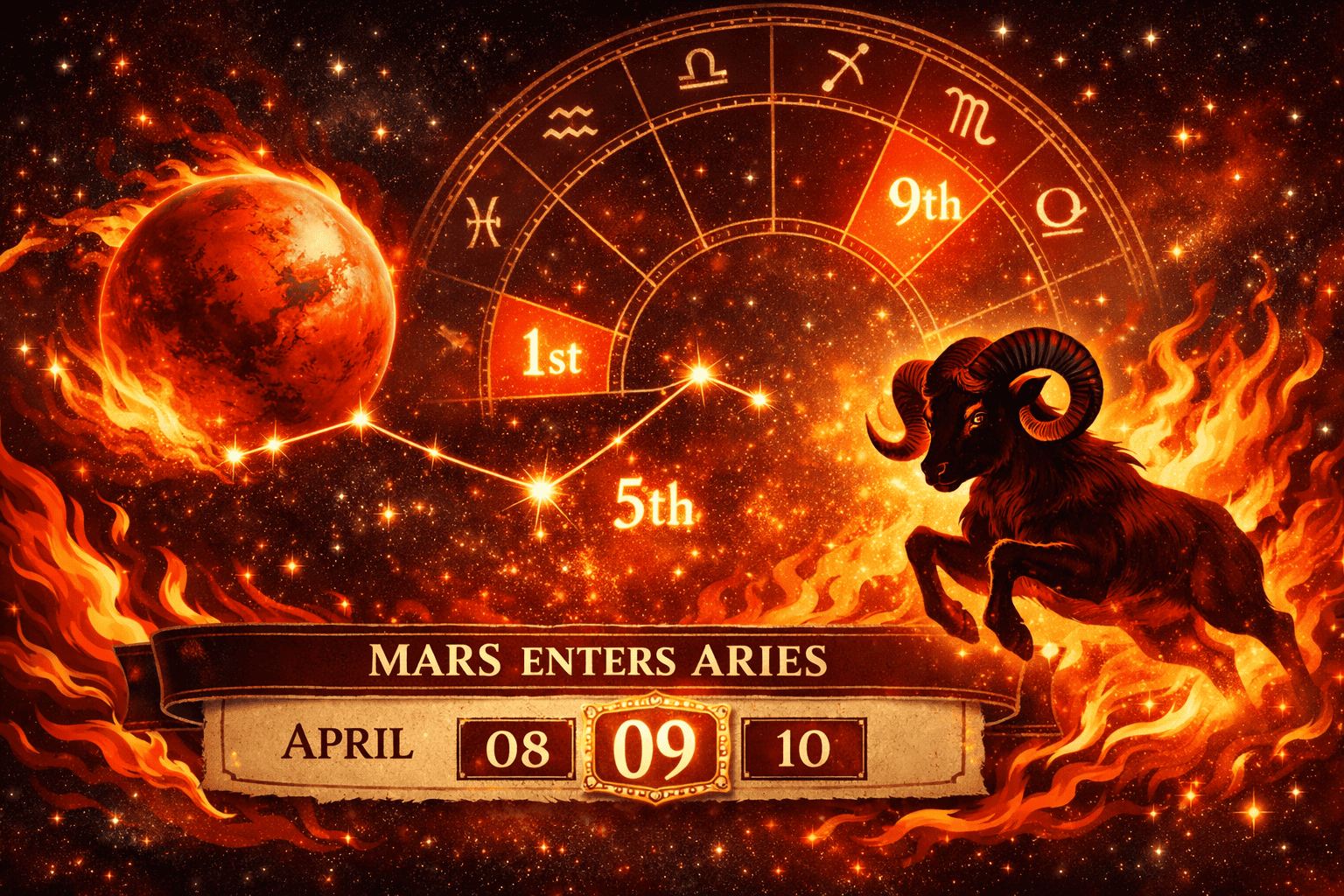 Wide () illustration showing Mars as a vivid red planet entering the Aries constellation on April 9, depicted as a celestial