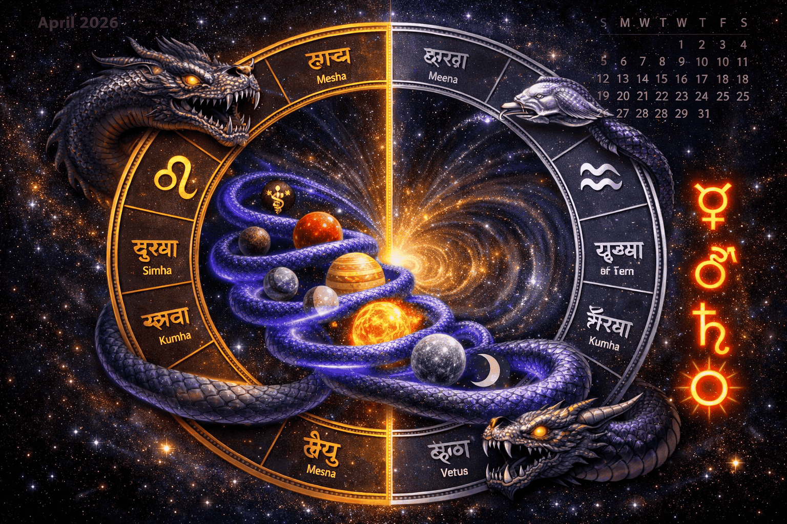 Wide () illustration showing a detailed Vedic birth chart wheel with the Leo-Aquarius axis highlighted in gold and silver,