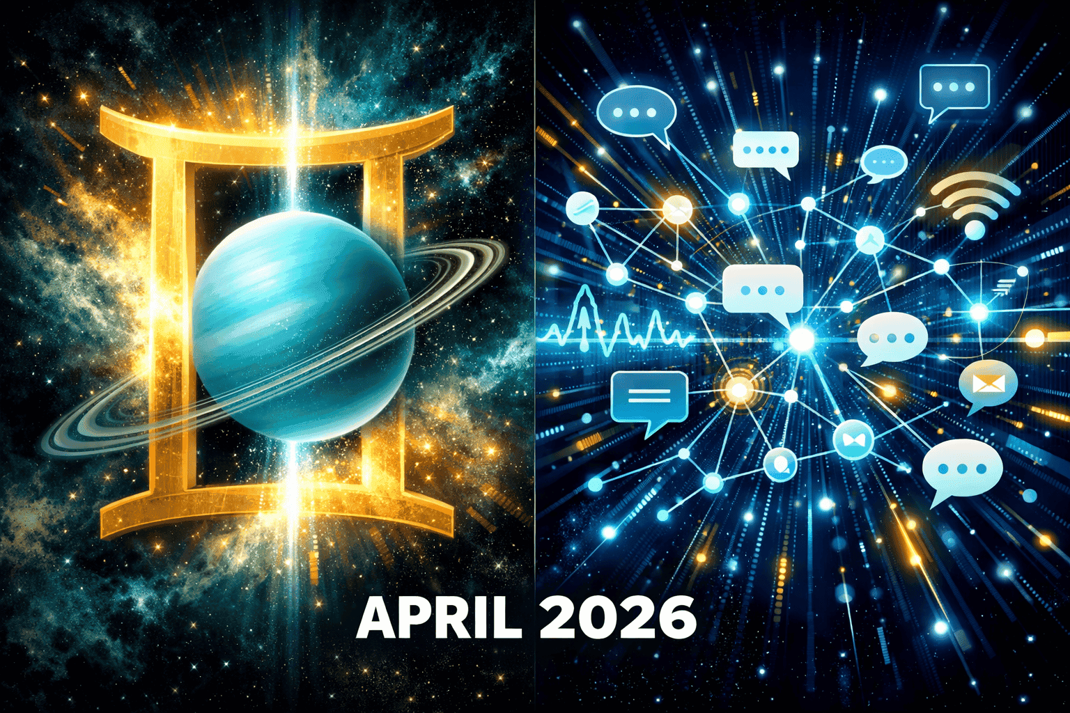 Wide () illustration showing a split cosmic portal scene: on the left, the planet Uranus in teal-blue hues crossing a