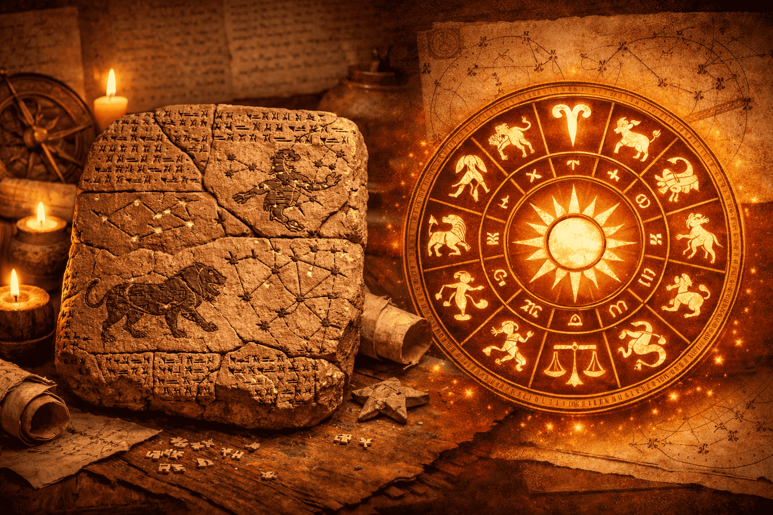 Wide () illustration showing ancient Babylonian clay tablet with cuneiform star charts on the left, transitioning to a