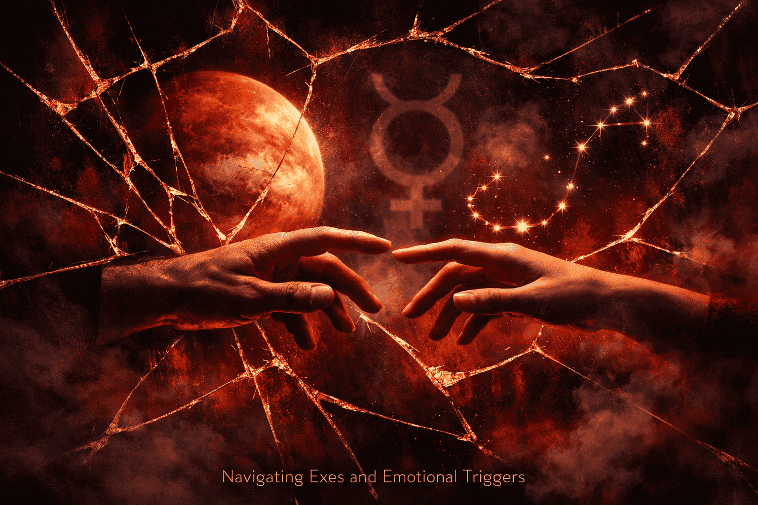 Wide landscape () depicting a dramatic close-up of two hands almost touching across a cracked mirror reflecting Venus and